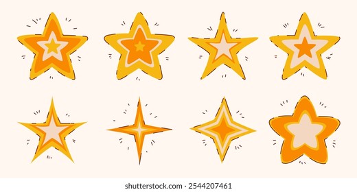 Colección de la estrella de Doodle en estilo plano dibujado a mano aislado sobre fondo blanco. Conjunto de iconos decorativos.