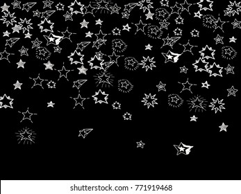 Doodle star confetti. Hand drawn falling stars on black background. Vector illustration for print, textile, paper.