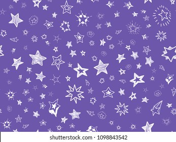 Doodle star confetti seamless pattern. Hand drawn stars trendy violet background. Vector illustration for print, textile, paper.