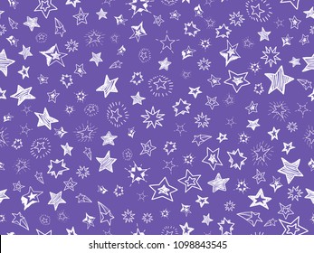 Doodle star confetti seamless pattern. Hand drawn stars trendy violet background. Vector illustration for print, textile, paper.