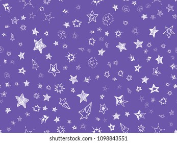 Doodle star confetti seamless pattern. Hand drawn stars trendy violet background. Vector illustration for print, textile, paper.