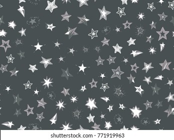 Doodle star confetti seamless pattern. Hand drawn stars on dark sage background. Vector illustration for print, textile, paper.