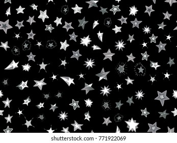 Doodle star confetti seamless pattern. Hand drawn stars on black background. Vector illustration for print, textile, paper.