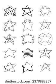 Doodle star icon set. Cosmic celestial bodies of different shapes. Isolated vector illustration.