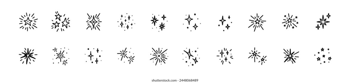 Conjunto de iconos de estrella Doodle. Elementos de Vector brillante. Feliz Navidad y feliz año Nuevo decoraciones, confeti, fuegos artificiales. Brillante parpadeo, luces brillantes, bling, dibujo de mano de lápiz de color brillante. 