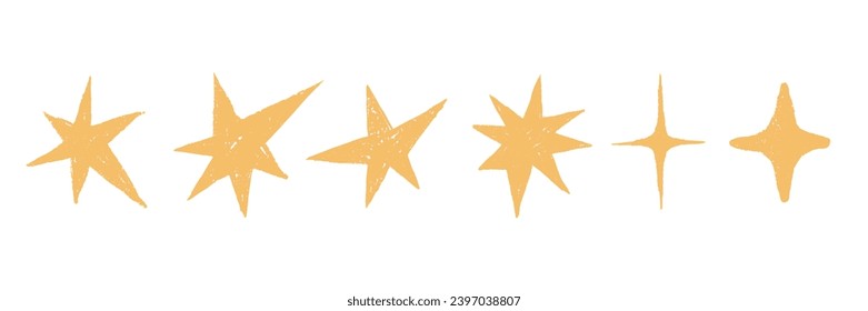 Juego de iconos de la estrella del doodle, formas abstractas dibujadas a mano vectorial, garabato de boceto tierno de impresión celestial. Dibujo infantil de caricatura de caricatura de caricatura de textura divertido kit de objetos geométricos. Ilustración del marcador de estrella de Doodle