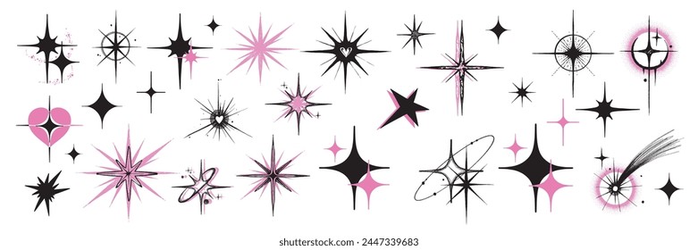 Doodle star icon set de Vector, lindo elemento de boceto mágico cósmico, brillante y2k colección de impresión de pegatina. Brillante garabato celestial de polvo de estrellas, kit de decoración femenina abstracta simple. Doodle estrella símbolo de la noche