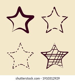 Doodle star icons set. Hand drawn ink brush lines in shapes of star for web decorative projects, cards, templates. White pink background, vetor