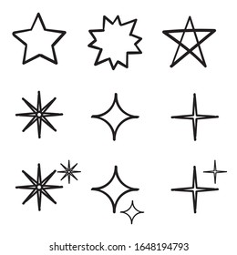 doodle Star icons. Twinkling stars. Sparkles, shining burst. Christmas vector symbols isolated hand drawn style