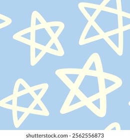 Doodle Star Kid Drawing Blue Background Seamless Pattern 