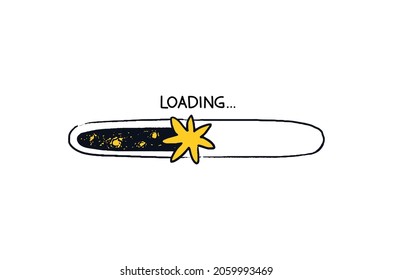 La barra de carga de Doodle star está aislada. Barra de progreso dibujada a mano con estrella amarilla en el fondo del cielo estrellado. Ilustración del vector de color del estado de carga de noche y final del día