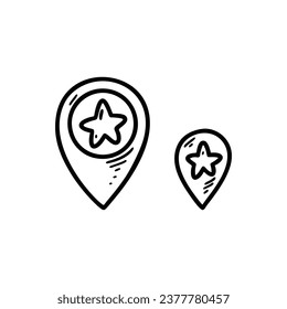 Doodle star map pin. Recommended favourite place of interest location. Hand drawn sketch gps marker. 