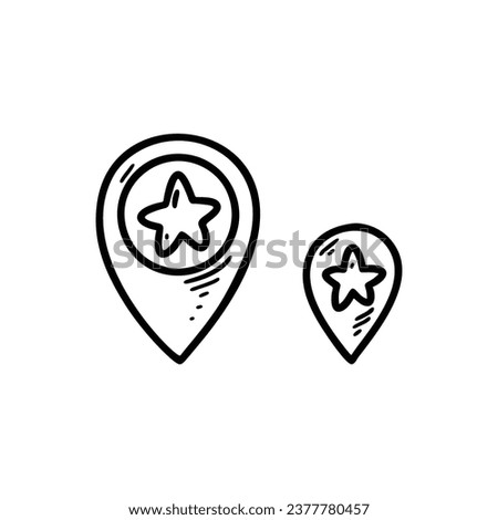 Doodle star map pin. Recommended favourite place of interest location. Hand drawn sketch gps marker. 