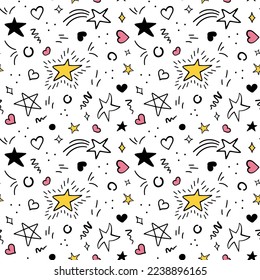 Doodle star pattern, cute party elements. Magic christmas ornament, scribble stars and pink hearts on white backdrop, celebrate baby decor. Childish textile. Vector seamless utter background