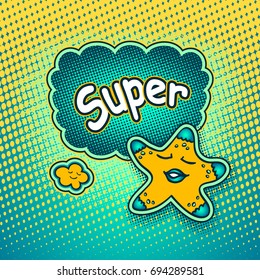 Doodle star in pop art cartoon comic retro style pointing on Speech bubble with halftone and inscription Super for Rating or recommendation for watching a movie or quality product