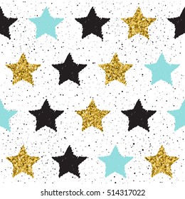 Doodle star seamless background. Black, blue and gold star. Abstract seamless pattern for card, invitation, poster, banner, placard, diary, album, sketch book cover. Golden glitter texture. 