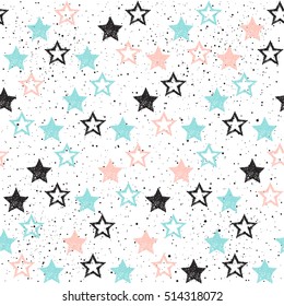 Doodle star seamless background. Black, blue and pink star. Abstract seamless pattern for card, invitation, poster, banner, placard, diary, album, sketch book cover etc. 