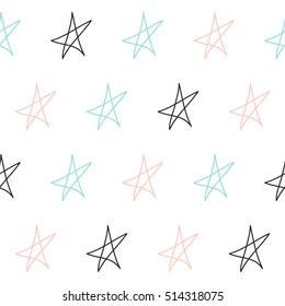 Doodle star seamless background. Black, blue and pink star. Abstract seamless pattern for card, invitation, poster, banner, placard, diary, album, sketch book cover etc. 