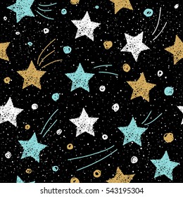 Doodle star seamless background. Gold, blue and white star. Abstract childish star pattern for christmas card, new year invitation, poster, book cover, scrapbook, textile fabric, garment. 