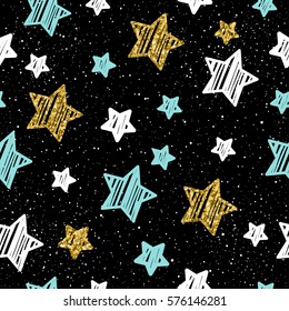 Doodle star seamless background. Gold, blue and white star. Abstract childish star pattern for christmas card, new year invitation, wedding album, book, scrapbook, textile fabric, garment, t-shirt. 