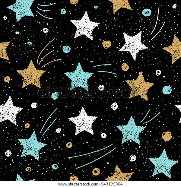 落書き風星のシームレスな背景 金色 青 白の星 クリスマスカード用の抽象的な子どもじみた星 型 年賀状 ポスター 本の表紙 スクラップブック 織物 衣類 のベクター画像素材 ロイヤリティフリー
