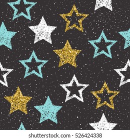 Doodle star seamless background. White, blue and gold star. Abstract star seamless pattern for card, invitation, poster, banner, album, book cover, textile fabric, garment etc. Gold glitter texture.