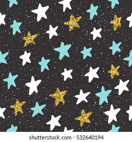 Doodle star seamless background. White, blue and gold star. Abstract pattern for card, invitation, poster, album, book,scrapbook, holiday wrapping paper, textile fabric, garment etc. Gold texture.