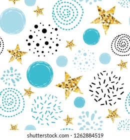 Doodle star seamless pattern background Blue gold star Abstract gold glitter star seamless texture simple black circles card poster book fabric wrapping paper Gold glitter texture Vector illustration.