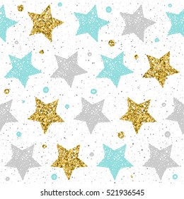 Doodle star seamless pattern background. Grey, blue and gold star. Abstract star seamless pattern for card, invitation, poster, album, book, fabric, t shirt, wrapping paper etc. Gold glitter texture. 