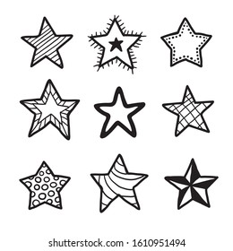 Doodle star set. Hand drawn different stars collection