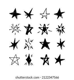 Doodle star set. Hand drawn stars and sparkles symbols. Vector.