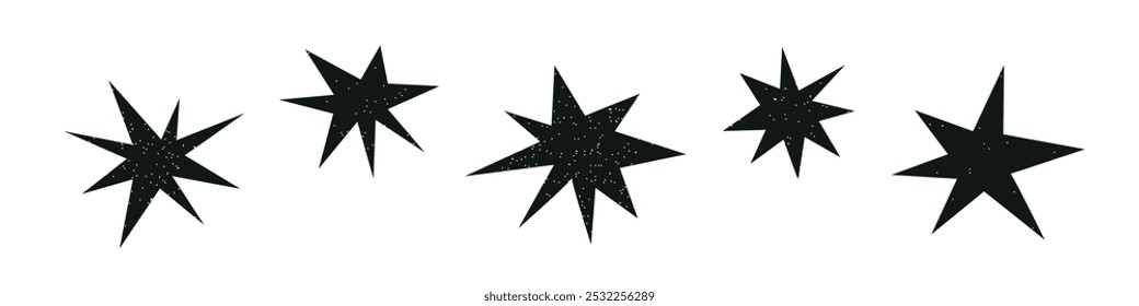 doodle star shapes with abstract scribbles. Black geometric collage with fun hand-drawn elements. Flat vector illustration isolated on white background.