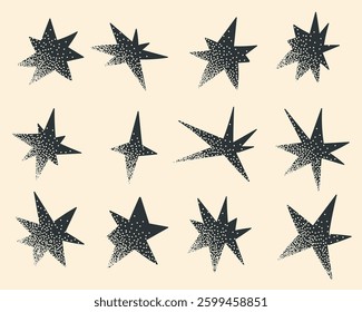 Doodle star shapes set. Textured retro design sparkles. 