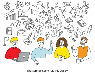 doodle star up team building office people business idea icon set   