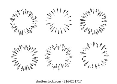 Doodle Starburst. Outline Splash With Drops. Firework Isolated Light. Decorative Simple Round Frame. Vector Illustration