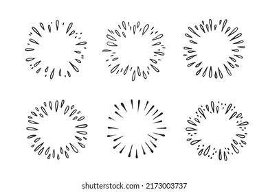 Doodle Starburst. Outline Splash With Drops. Firework Isolated Light. Decorative Simple Round Frame. Vector Illustration