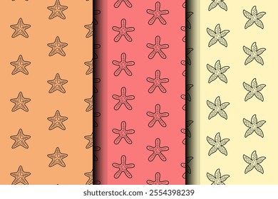 doodle starfish coral pattern on colored background. starfish line art seamless pattern background. sea star hand drawn isolated seamless pattern collection. seamless pattern of starfish background