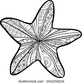 Doodle Starfish in zentangle inspired style. Coloring book for adult and older children. Art vector stylized illustration.