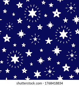 Doodle starry night sky vector seamless pattern. White silhouettes on a dark blue background. Hand Drawn endless magic print with stars.