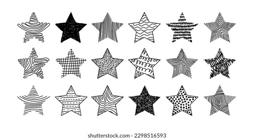 Doodle Stars big set. Large black line art stars collection. Grunge style textured isolated vector illustration for celebration, birthday, kids