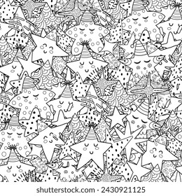 Doodle estrellas negro y blanco sin patrón. Fantasía para colorear página con lindos personajes de buenas noches para adultos y niños. Contorno del fondo cósmico. Ilustración de vector