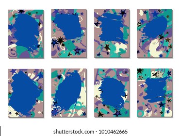 Doodle Stars and Brush Strokes. Set of Bright Covers in Style of Early 90s. Retro Card Design with Firework. Trendy Texture for Posters, Brochures or Book Covers