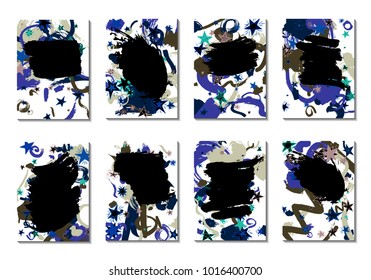 Doodle Stars and Brush Strokes. Set of Bright Covers in Style of Early 90s. Retro Card Design with Firework. Trendy Texture for Posters, Brochures or Book Covers