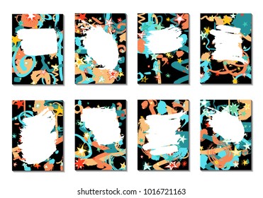 Doodle Stars and Brush Strokes. Set of Bright Covers in Style of Early 90s. Retro Card Design with Firework. Trendy Texture for Posters, Brochures or Book Covers