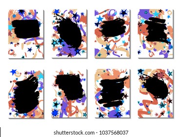 Doodle Stars and Brush Strokes. Set of Bright Covers in Style of Early 90s. Retro Card Design with Firework. Trendy Texture for Posters, Brochures or Book Covers