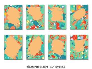 Doodle Stars and Brush Strokes. Set of Bright Covers in Style of Early 90s. Retro Card Design with Firework. Trendy Texture for Posters, Brochures or Book Covers