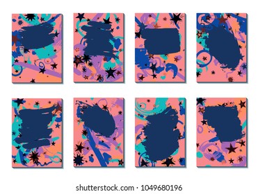 Doodle Stars and Brush Strokes. Set of Bright Covers in Style of Early 90s. Retro Card Design with Firework. Trendy Texture for Posters, Brochures or Book Covers