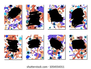 Doodle Stars and Brush Strokes. Set of Bright Covers in Style of Early 90s. Retro Card Design with Firework. Trendy Texture for Posters, Brochures or Book Covers