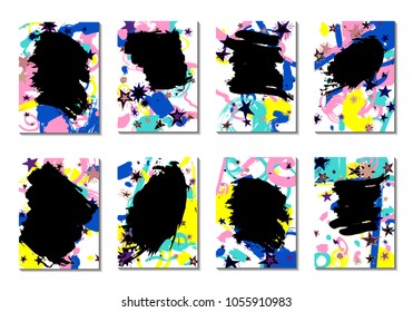 Doodle Stars and Brush Strokes. Set of Bright Covers in Style of Early 90s. Retro Card Design with Firework. Trendy Texture for Posters, Brochures or Book Covers