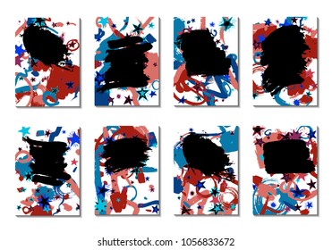 Doodle Stars and Brush Strokes. Set of Bright Covers in Style of Early 90s. Retro Card Design with Firework. Trendy Texture for Posters, Brochures or Book Covers